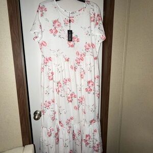 White Maxi Dress with Pink Floral Print - Short Sleeve